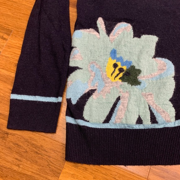 Loft Floral Crew Neck Long Sleeve Sweater Women's Size M Navy Blue‎ Wool Mohair - Picture 2 of 6